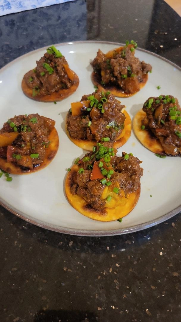 Carnita (Beef) With Refried Bean Mini Tostada