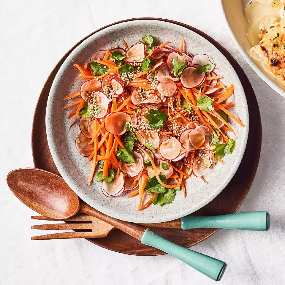 Carrots, Radish, And Avocado Salad With A Summer Orange Dressing French Style
