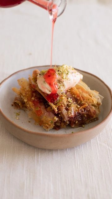 Strawberry Tahini Baklawa With Cream Or Ice Cream 