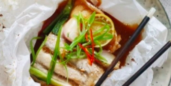 Oven Steamed Cod With Soy, Ginger, Garlic, Chillies And Spring Onions