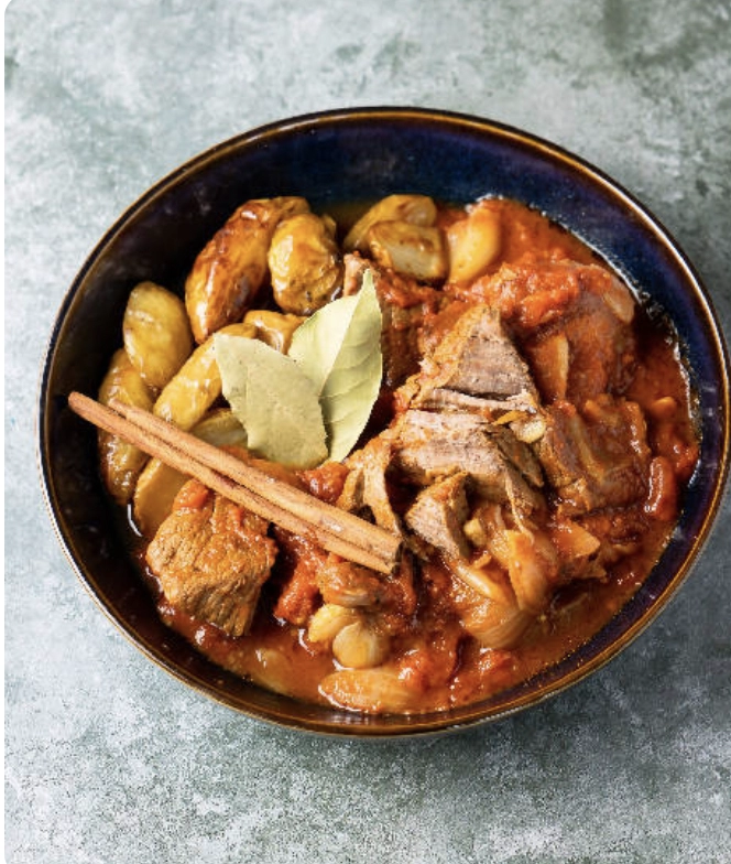 Colchester Beef Stifado (Slow Cooked Beef In Red Wine Sauce) With Rosemary Cruahed Baby New Potatoes
