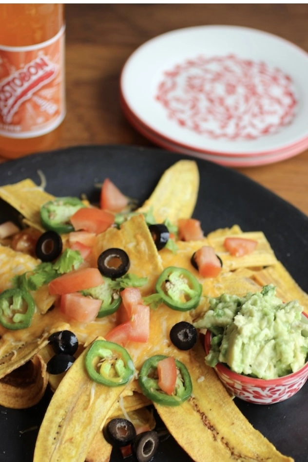 Nachos, Plantain Chips & 3 Cheese Sauce 