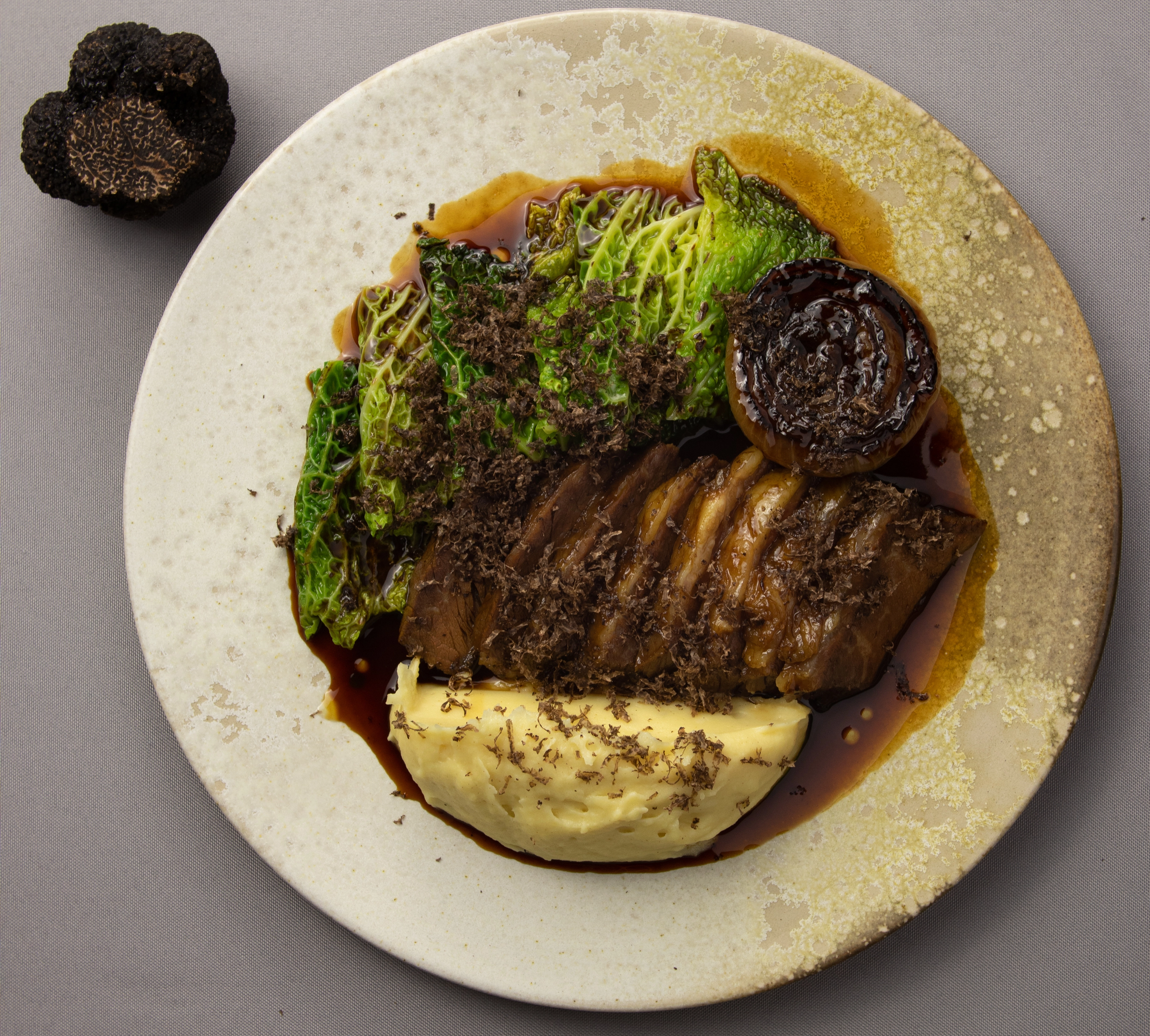 Madeira Braised Shortrib, “Esparregado”, Pomme Puree, Roscoff Onion, Truffle