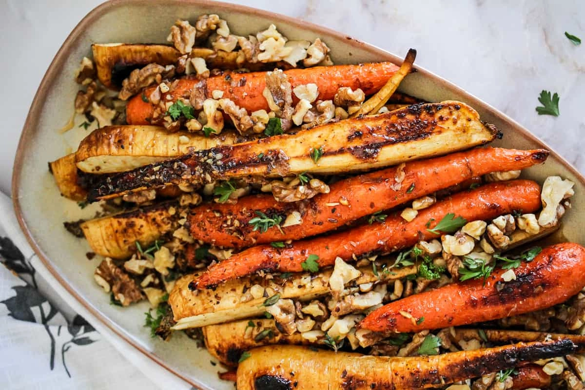 Honey Roasted Carrot And Parsnips Toped With Chestnuts (V)