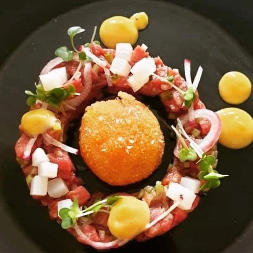 Smoked Beef Tartare, Crispy Egg Yolk & Truffle Aioli