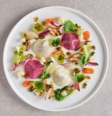 Végétale Ravioli, Grilled Pickled Mushrooms, Tomato And Herb Vinaigrette