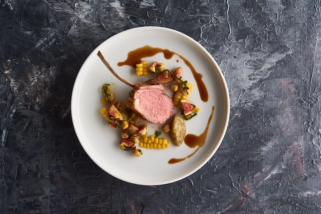 Roasted Rack Of Lamb, Sweet Corn, Fig And Smoky Aubergine Baba Ganoush