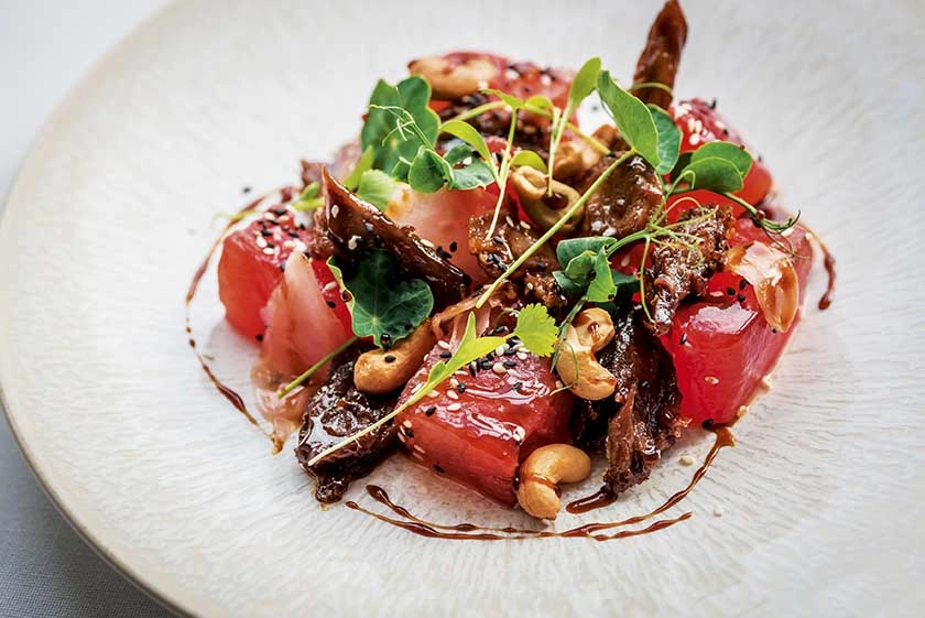 Confit Crispy Duck, Watermelon Sriracha Pickle, Sesame Nori Crispy