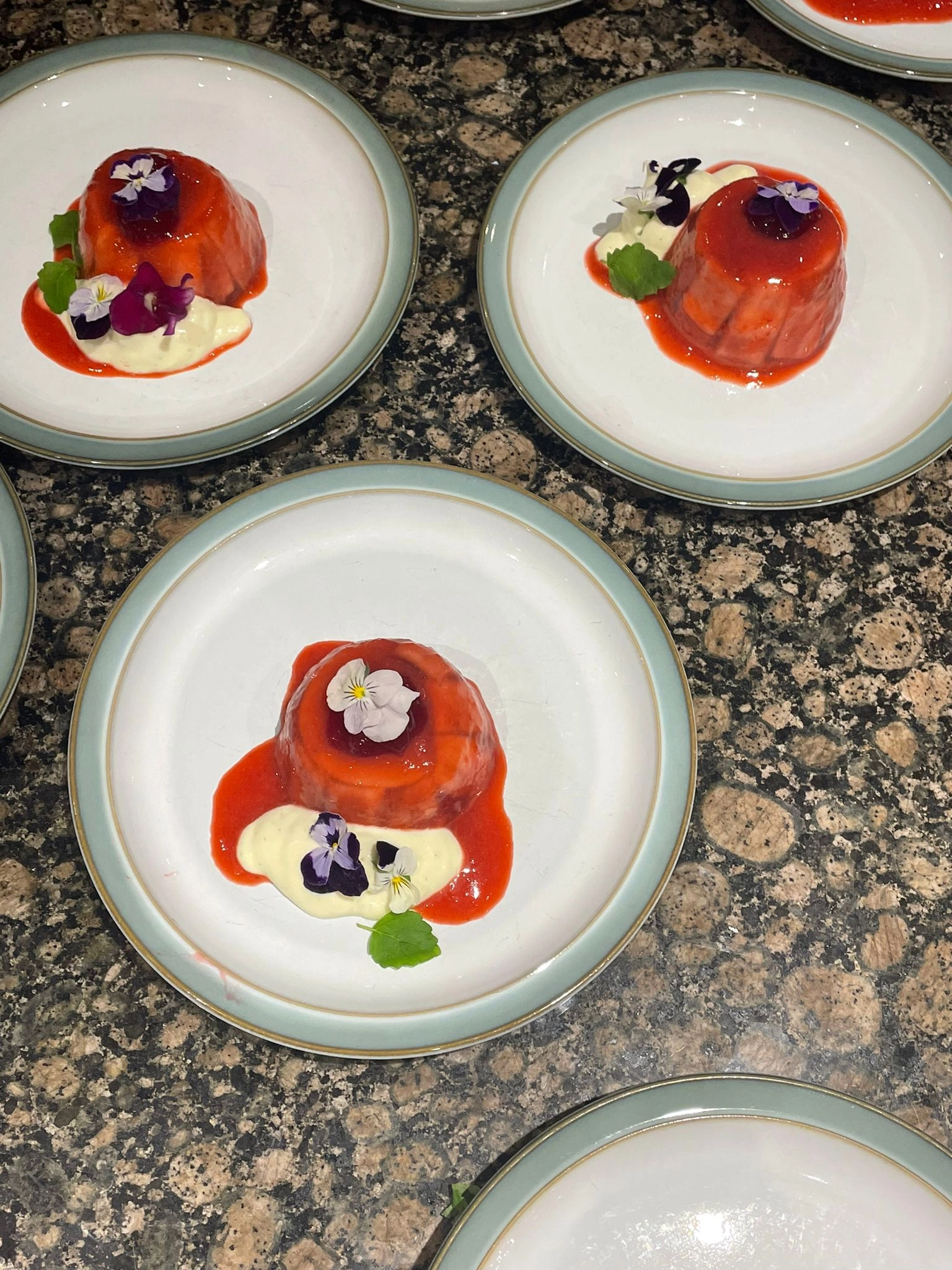Raspberry Summer Pudding, Vanilla Creme Fraiche, Compote, Lemon Balm