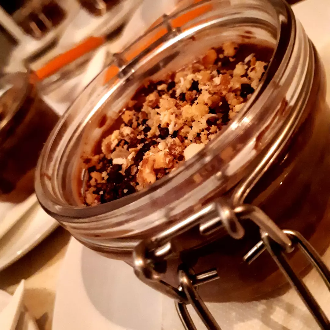 Chocolate Mousse, Macerated Blackberry, Salted Caramel Sauce, Hazelnut Crumble, Cream Chantilly