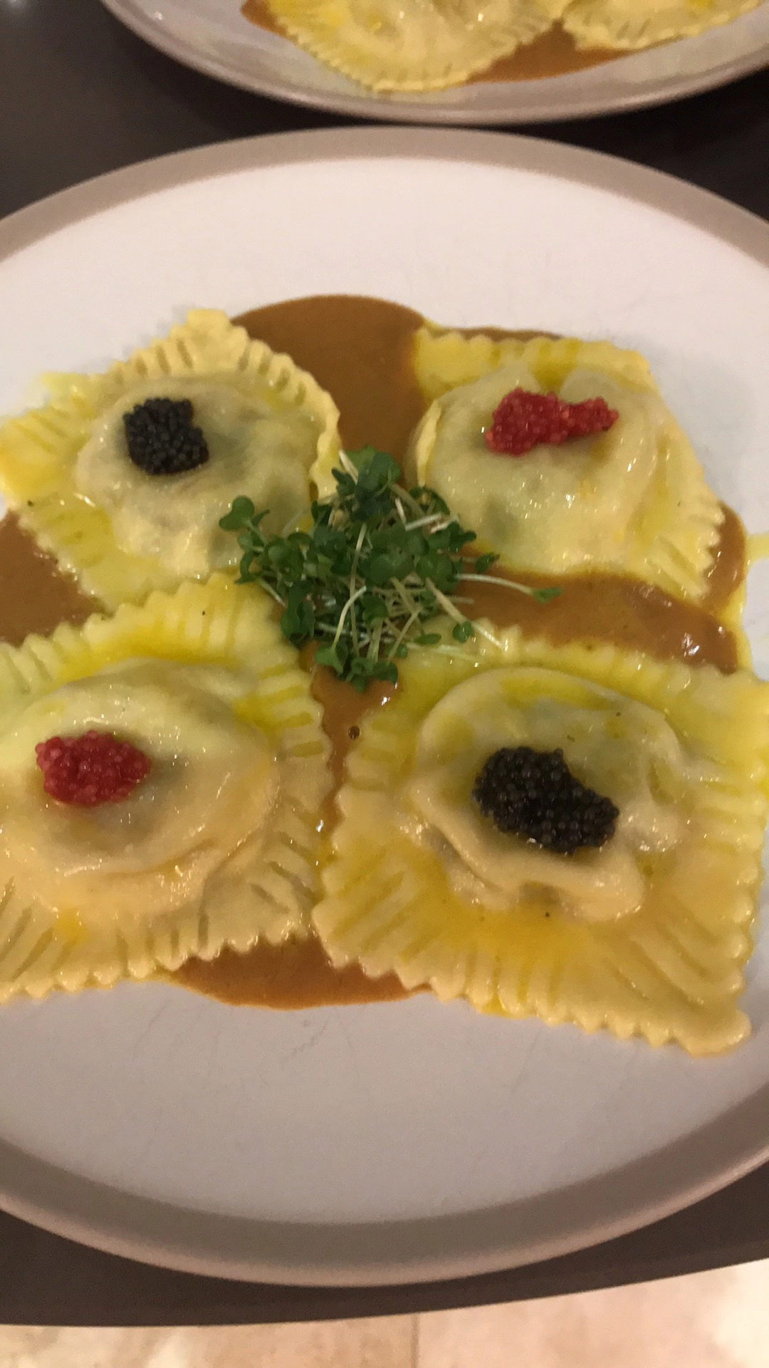 King Prawns And  Crab Ravioli /Lobster Bisque