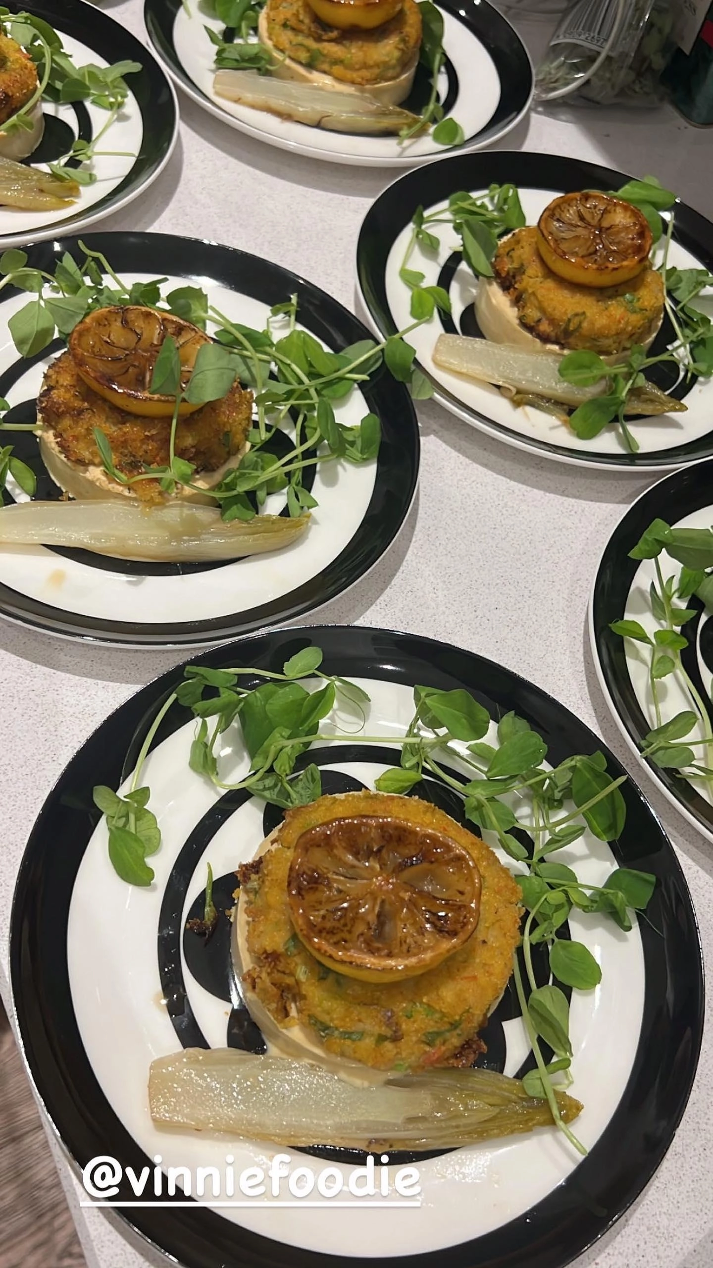 Spring Onion Crabcake, Brown Crab Meat Panna Cotta, Charred Lemon, Endive, Tarragon Vinegar Dressing