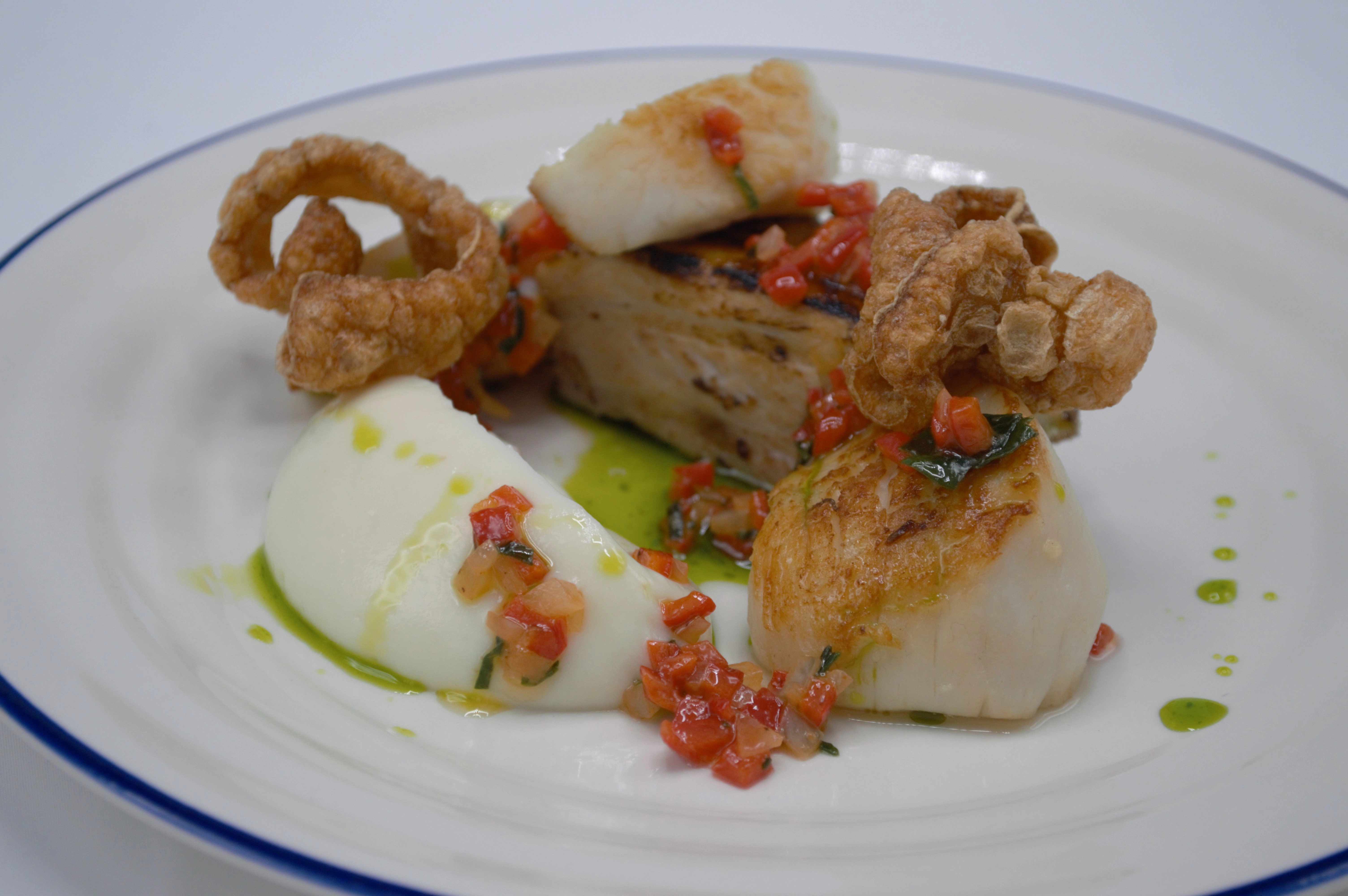 Orkney Scallops, Glazed Pork Belly, Blistered Pepper Salsa, Celeriac Puree
