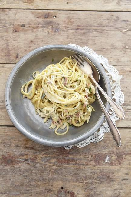 Spaghetti Carbonara-Crispy Pancetta, Pecorino Romano & Creamy Egg Sauce.