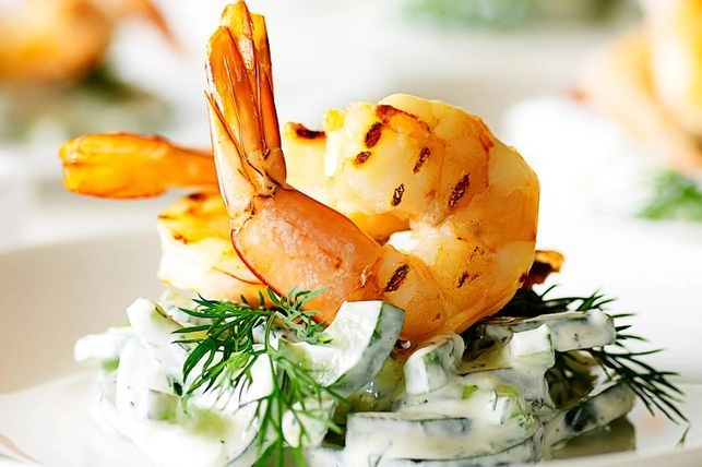 Grilled Tiger Prawns Octopus Aioli On Cucumber Dill And Creme Fraiche Salad