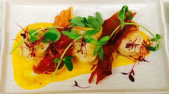 Scallops With Carrot & Squash Puree, Parma Ham Shards & Fresh Watercress