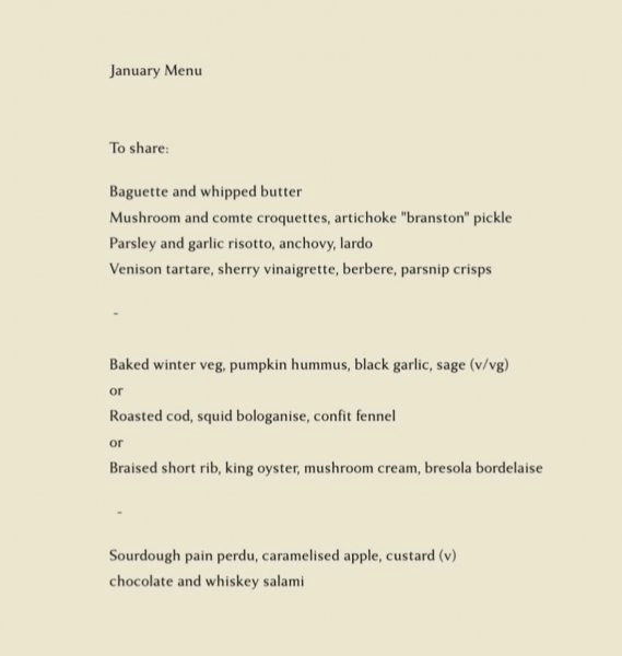 Chef Andy P's January Set Menu menu image